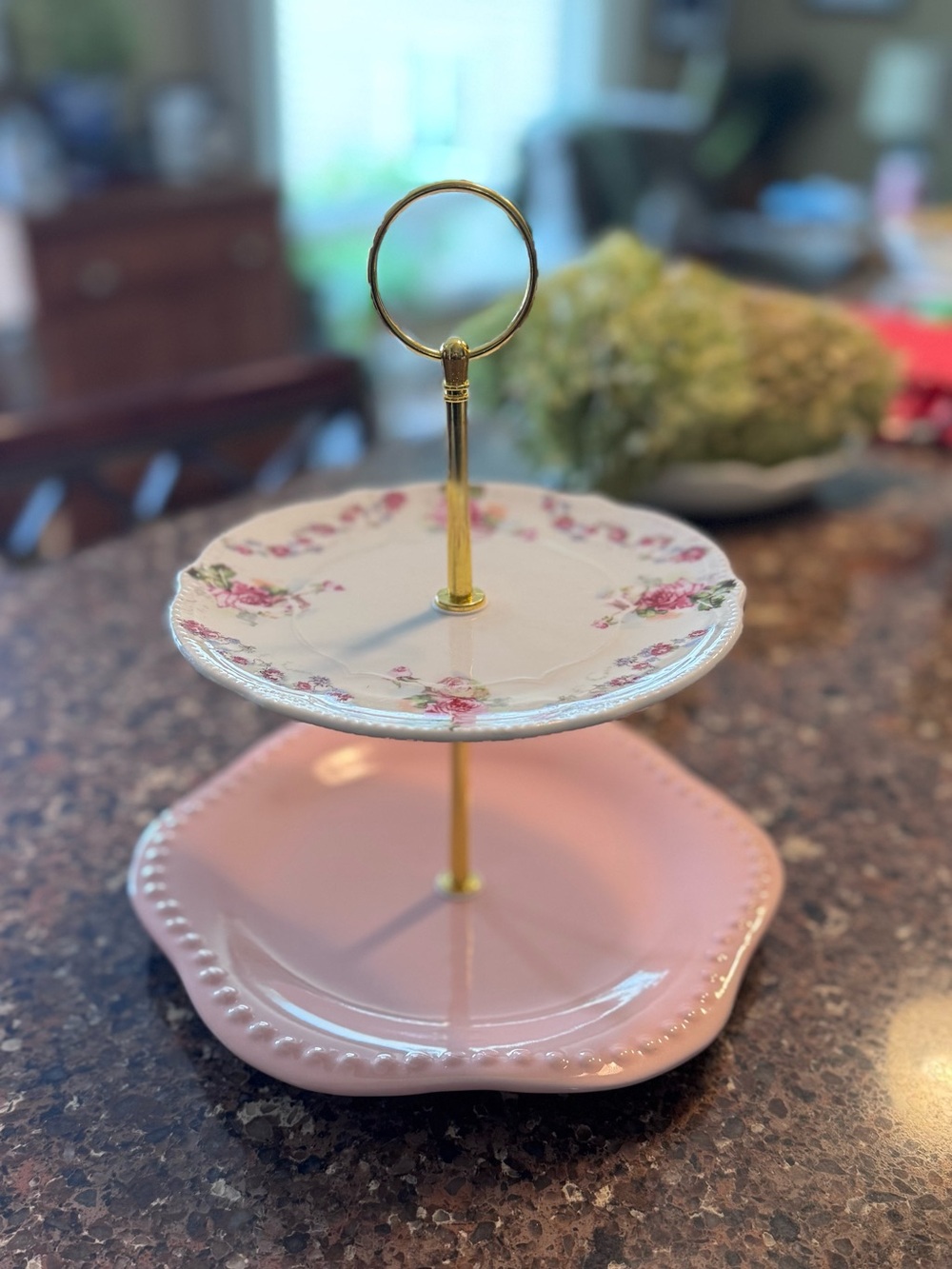 Vintage Two-Tier Pink Floral Dessert Stand with Gold Handle